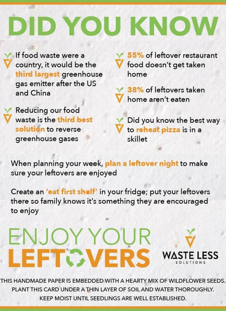 Scan of a fact sheet on recycled seed paper. Text is in green and orange and black. At the top is a green and orange stripe. Green text reads "DID YOU KNOW" followed by two columns of facts. "If food waste were a country, it would be the third largest greenhouse gas emitter after the US and China" 
"Reducing our food waste is the third best solution to reverse greenhouse hases"
"55% of leftover restaurant food doesn't get taken home"
"38% of leftovers taken home aren't eaten"
"Did you know the best way to reheat pizza is in a skillet"
Below the columns reads "when planning your week, plan a leftover night to make sure your leftovers are enjoyed. Create an 'eat first shelf' in your fridge; put your leftovers there so family knows it's something they are encouraged to enjoy."

At the bottom in larger font reads Enjoy Your Leftovers and a orange carrot Waste Less Solutions logo. The bottom of the page reads "This handmade paper is embedded with a hearty mix of wildflower seeds. Plant this card under a thin layer of soil and water thoroughly."